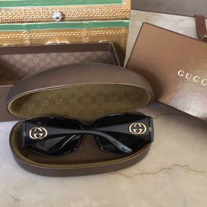 Gucci Dark Havana Frame And Amber Lenses With Gold GG Logo Sunglasses